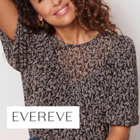 Evereve Layla Mesh Top Black Tan Leaf Print Short Bubble Sleeve ,M, CB2458 - Picture 1 of 6